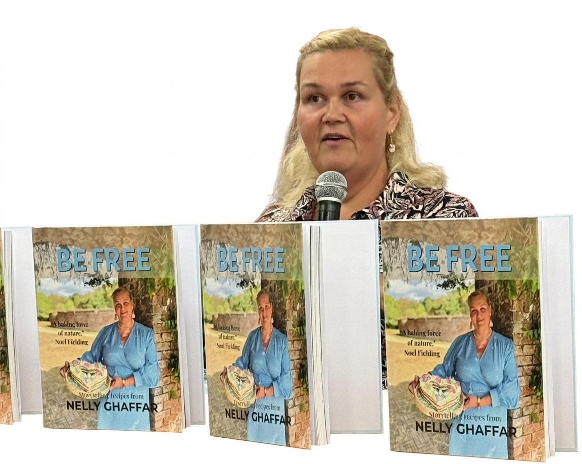 A woman speaking into a microphone, standing in front of a display of her cookbook titled 'BE FREE' by Nelly Ghaffar.