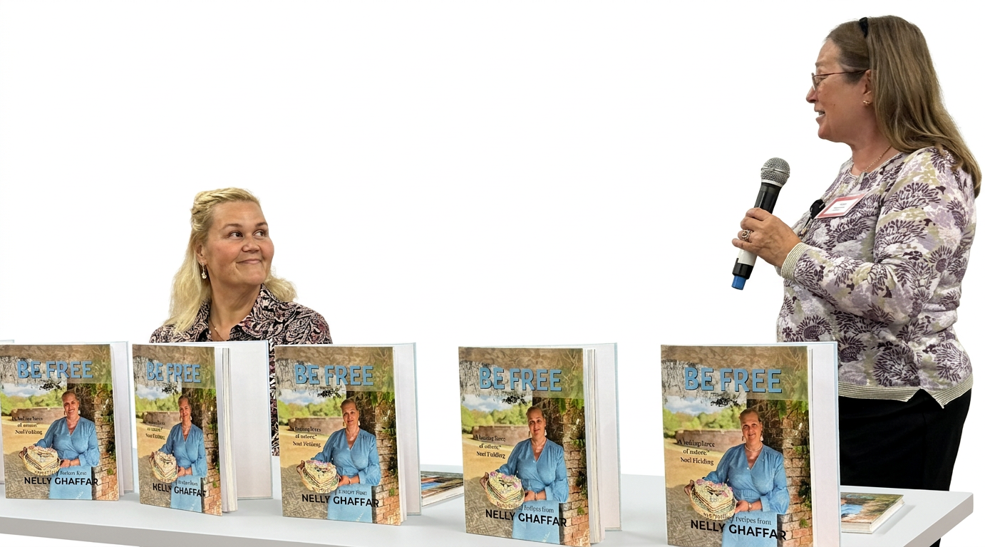 Two women at a book launch event, one speaking into a microphone while the other smiles. Several copies of the book 'Be Free' by Nelly Ghaffar are displayed on the table.