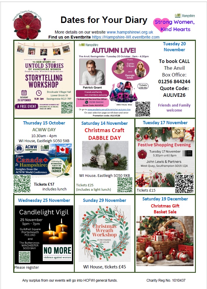 Image of a flyer titled 'Dates for Your Diary' with various event listings, including storytelling workshops, craft days, shopping evenings, and a candlelight vigil, featuring details like dates, locations, ticket prices, and contact information.